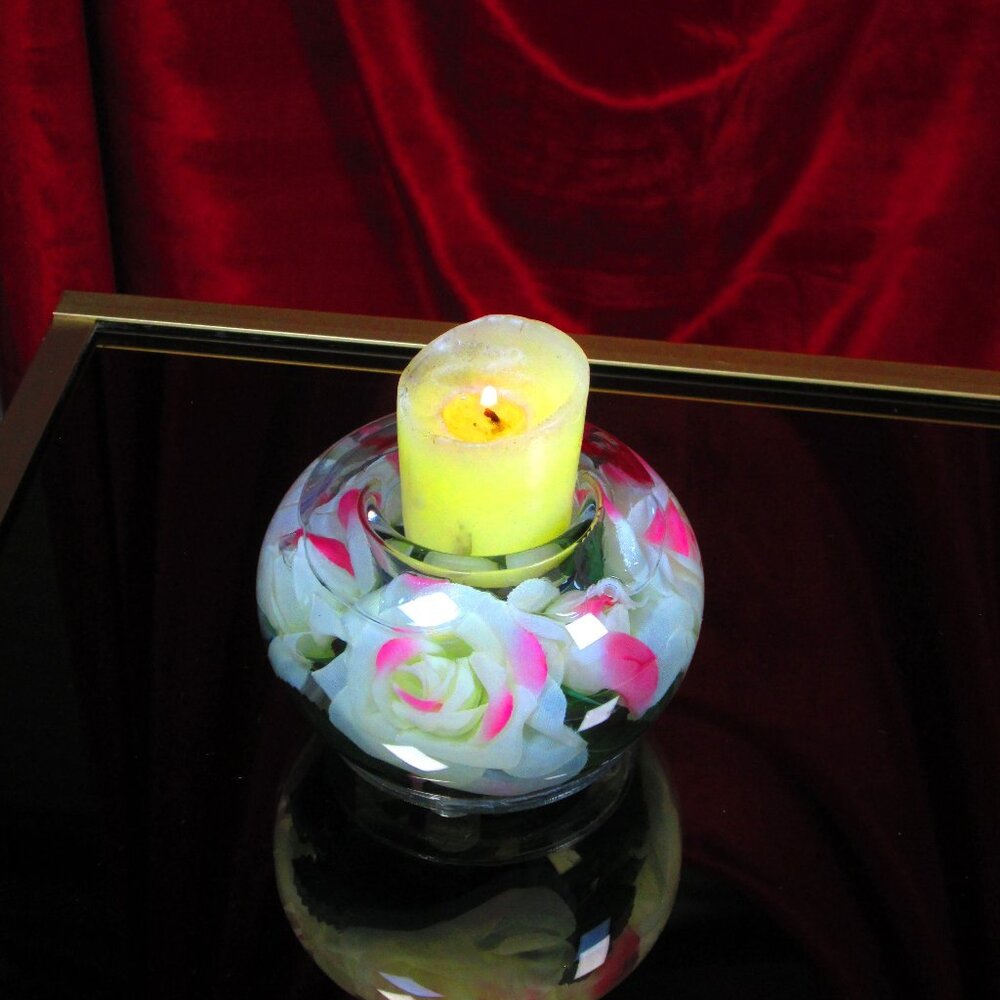Lucite Floral Candle Holder with Encased Roses